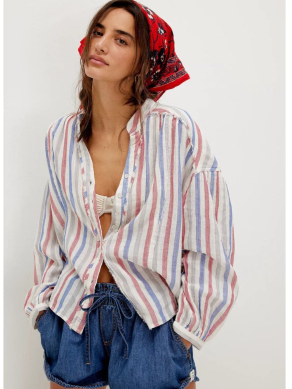 Free People Striped Valley Double Cloth Shirt Top Medium Boho Cotton Button